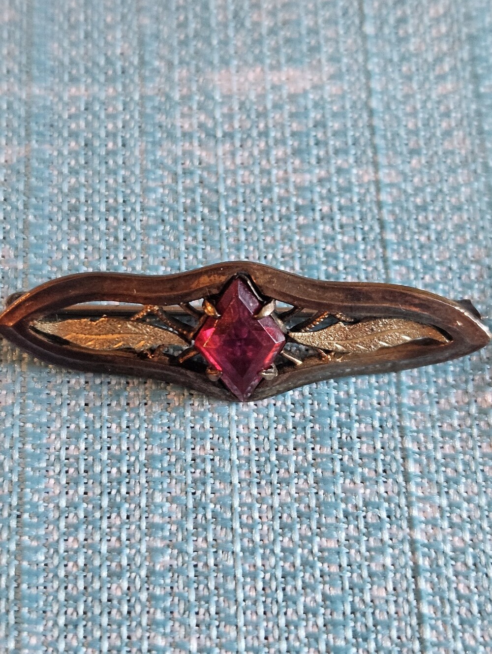 Antique Goldtome Victorian Filigree Bar Pin Brooch With Red Stone